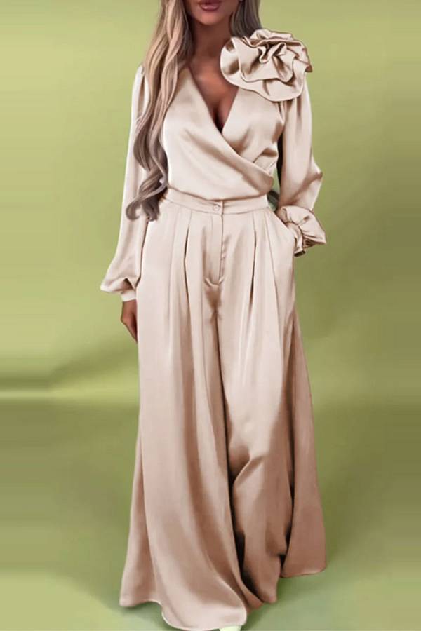 3D floral satin wide-leg pants suit