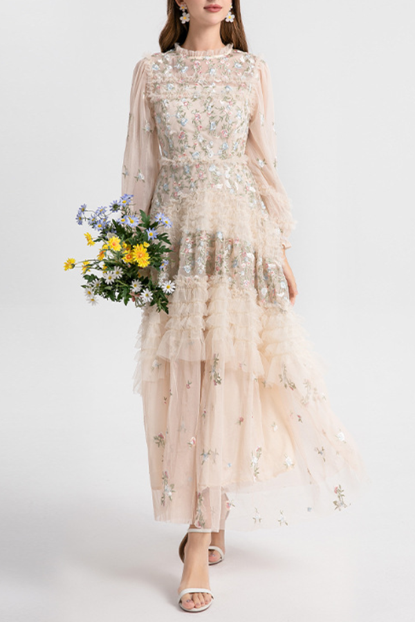 French Tulle Embroidery Floral Tiered Maxi Dress