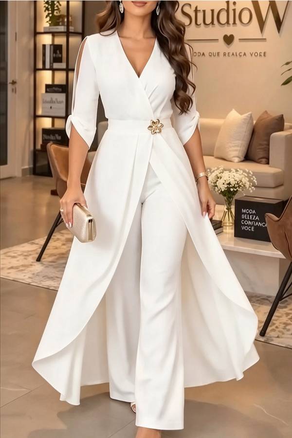 Tassa Half Slit Sleeve Metal Flower High Low Hem Top and Elastic Waist Wide Leg Pants Set