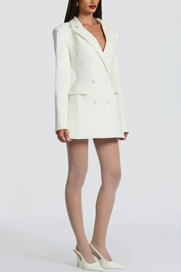Elvira Double-breasted Long Sleeve Adjustable Back Belt Lapel Blazer Mini Dress