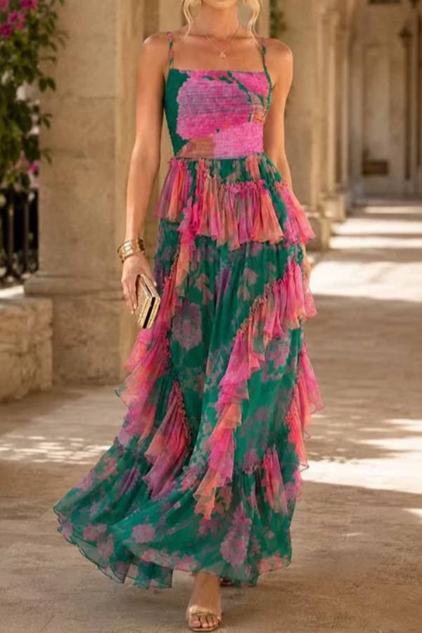 Color‑block Floral Print Tiered Ruffle Cami Maxi Dress