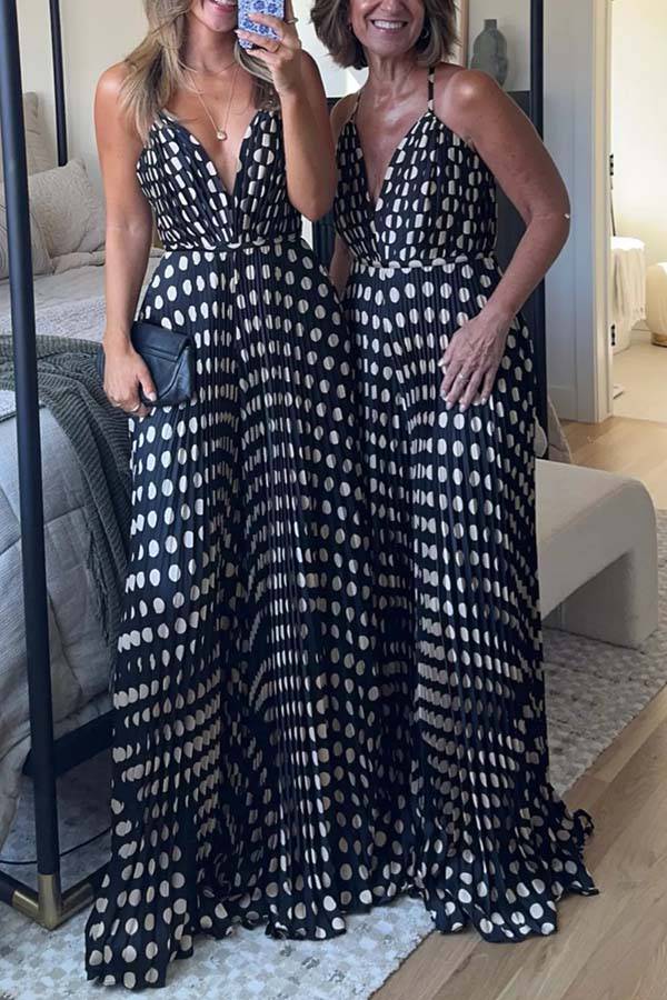 Soul Dancing Polka Dot Print Pleated V-Neck Slip Wide Leg Jumpsuit