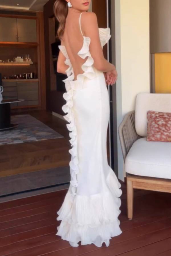 Backless Ruffled Spaghetti Strap Maxi Dress