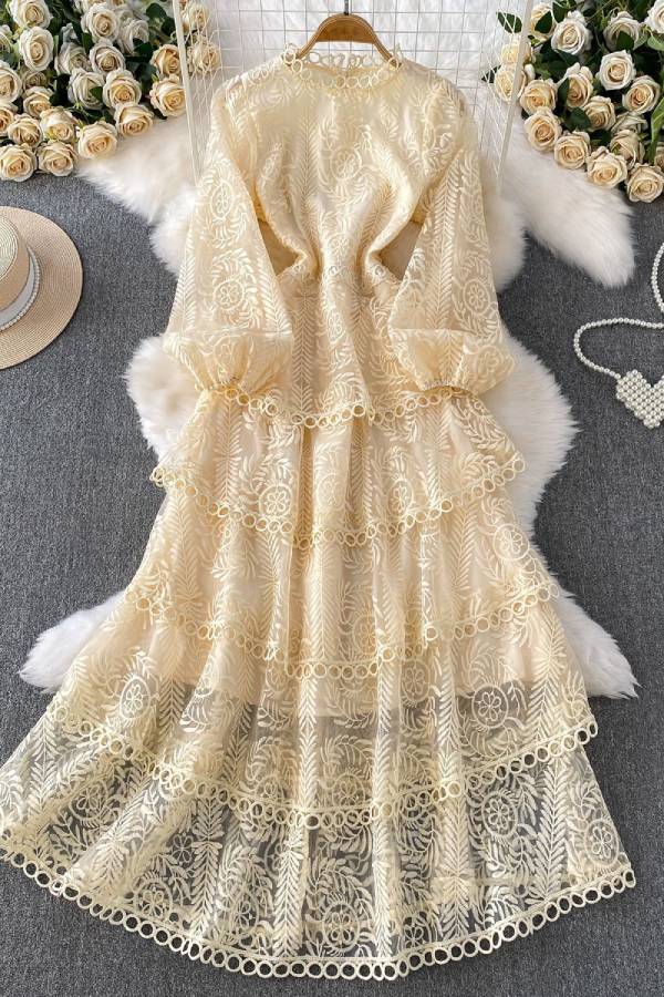 3D Lace Embroidered Multi-Layer Ruffle Long-Sleeve Dress