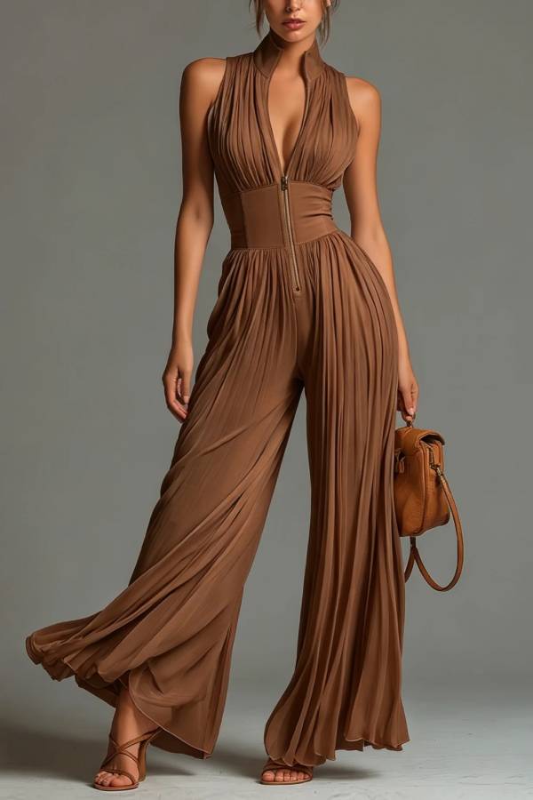 Stand Collar Pleated High Waist Wide Leg Jumpsuit