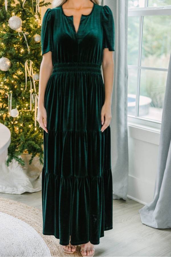 Velvet Solid V-Neck Elastic Waist Long Dress