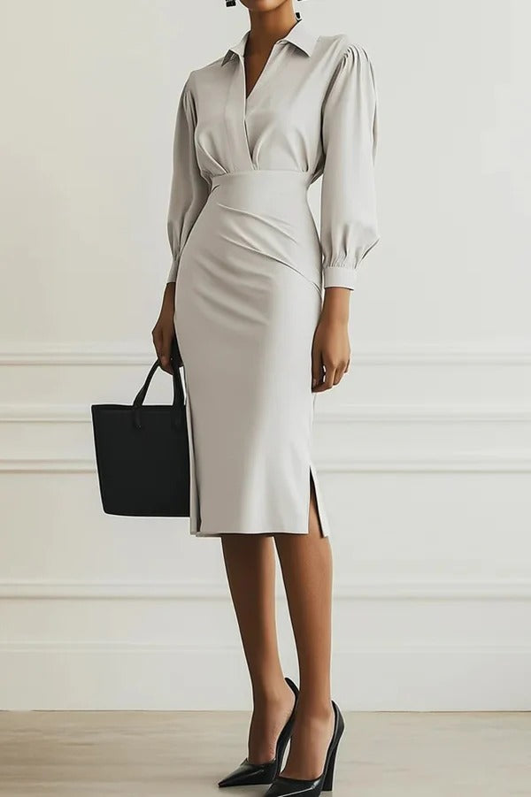 Fashion Lapel Long Sleeve Slim Waist Midi Dress