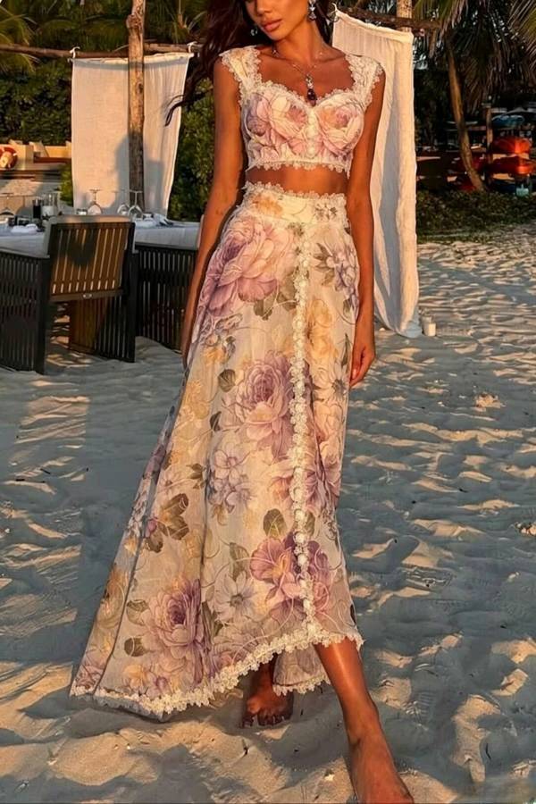 Romantic and Beautiful Floral Print Lace Trim Sweetheart Neck Tank and High Rise Maxi Skirt Set