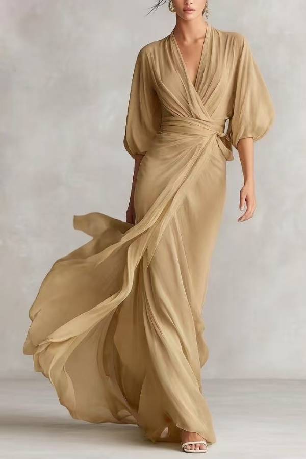 Wrap V-Neck Lantern Sleeve Chiffon Evening Gown