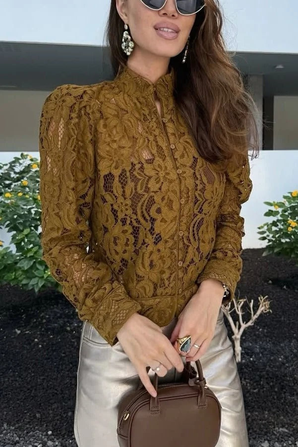 Palace Style Crochet Flower Lace Stand Neck Button Puff Sleeve Jacket