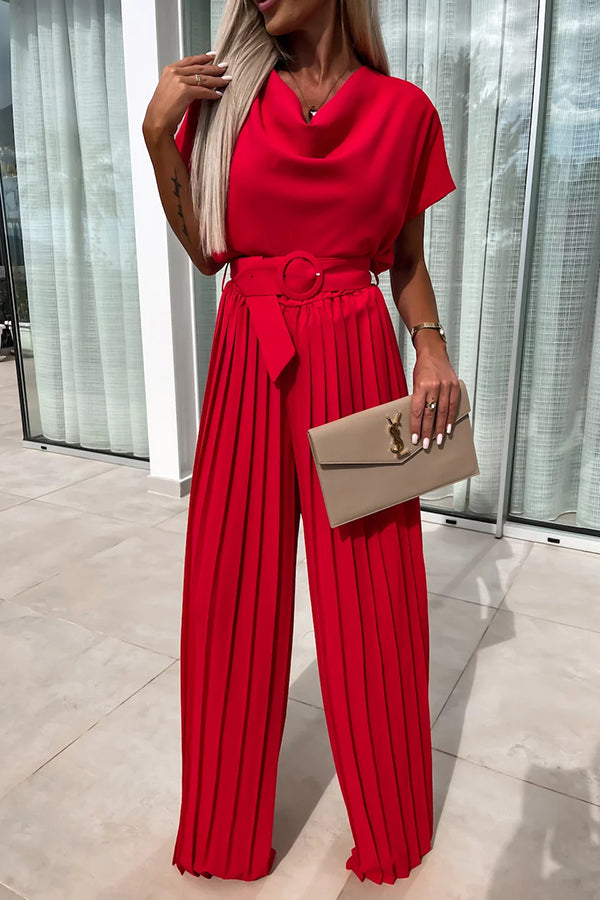 Ivy Cowl Neck Short Sleeve Belt Pleated Loose Wide Leg Jumpsuit