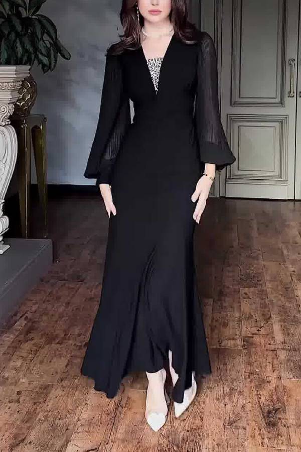 V-Neck Rhinestone Insert Puff Sleeve Fitted Midi Maxi Evening Dress