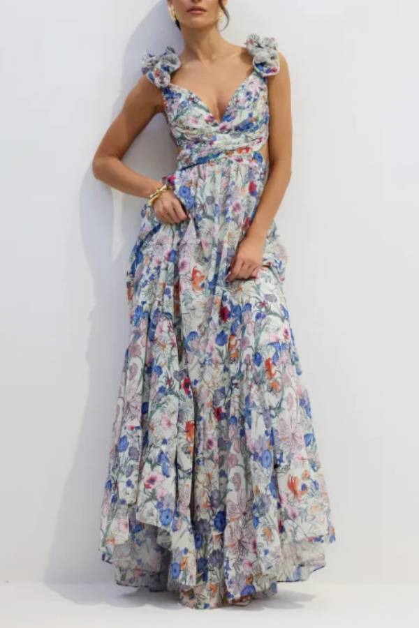 Whimsy Grace Tulle Floral Ruffle Detail Back Lace-up Pleated Maxi Dress