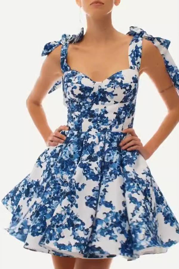 Multi-Color Print Tie Backless Corset Bow Mini Dress