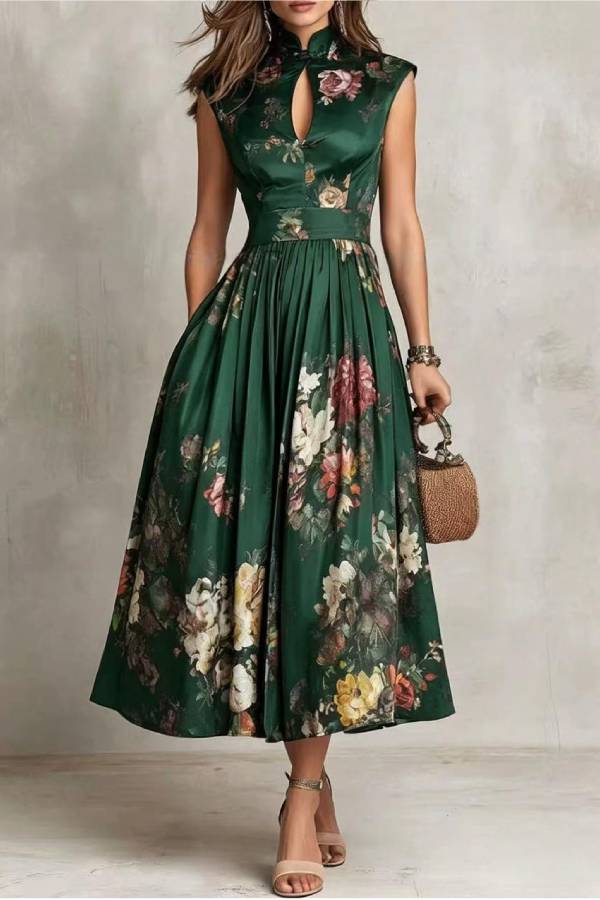 New Chinese Keyhole Cutout Satin Floral Print Midi Dress