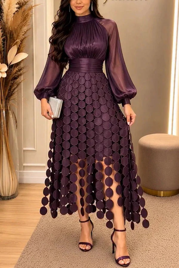 Bella Shiny Sheer Fabric Balloon Sleeve Embroidered Polka Dots Hem Midi Dress