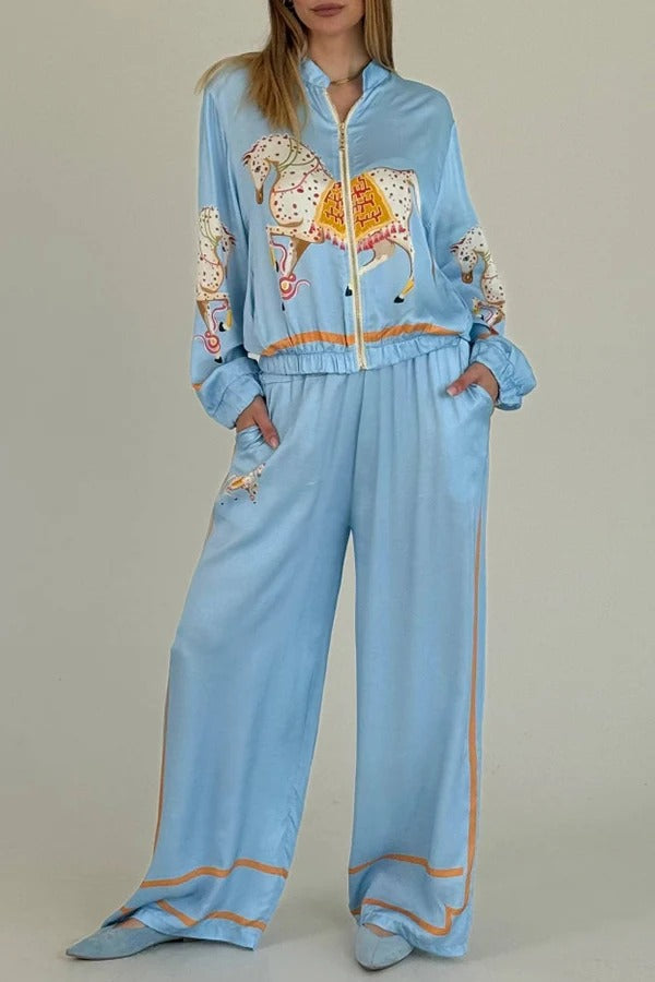 Vintage Horse Print Zip‑Up Casual Two‑Piece Set