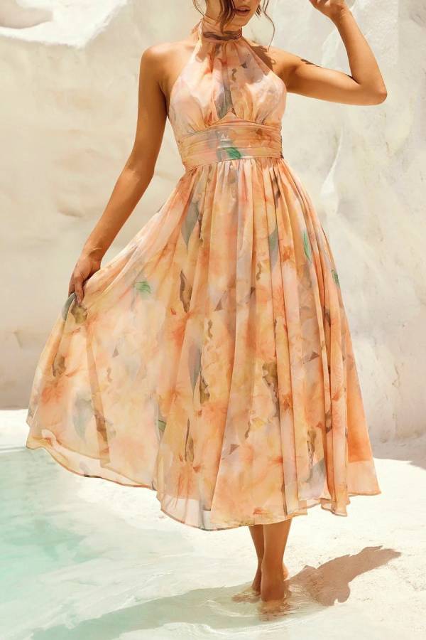 Watercolor Halter-Neck Waisted Maxi Dress