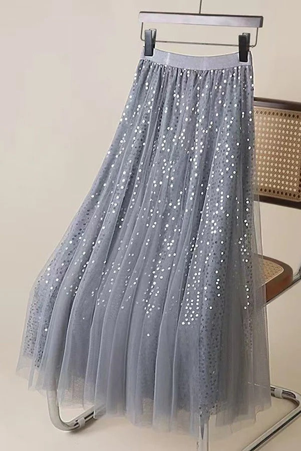 Dreamy French-style Sequined Tulle Elastic Waist A-line Maxi Skirt