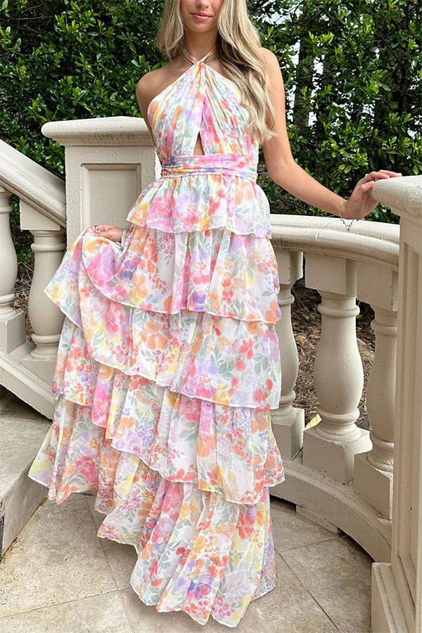 Harmony Floral Print Tiered Ruffle Cross Halter Backless Vacation Maxi Dresses