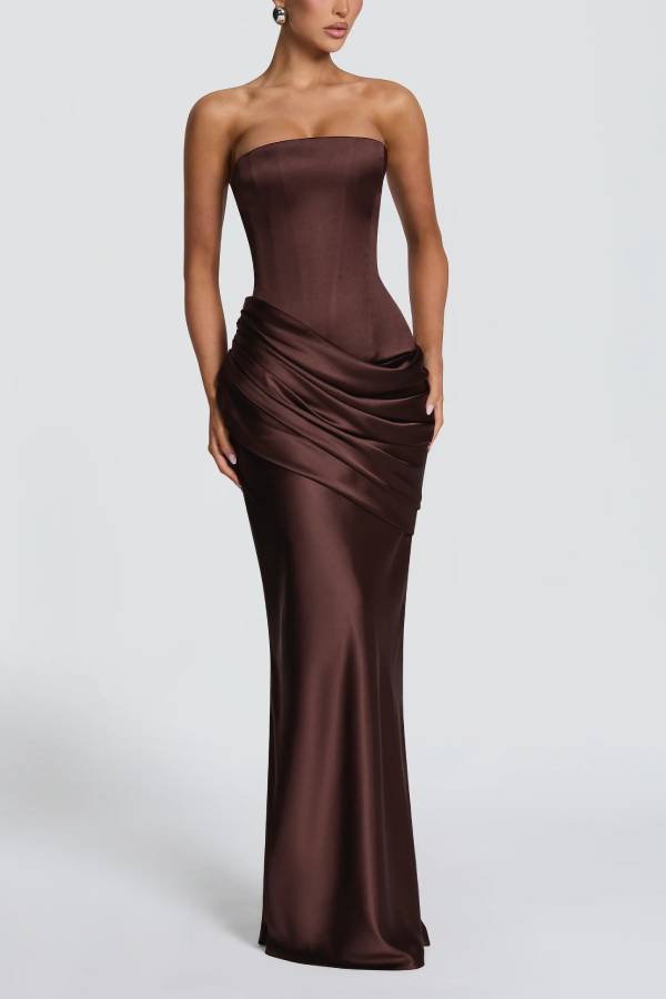 Ella Satin Detachable Asymmetric Off Shoulder Drape Panel Back Lace-up Maxi Dress