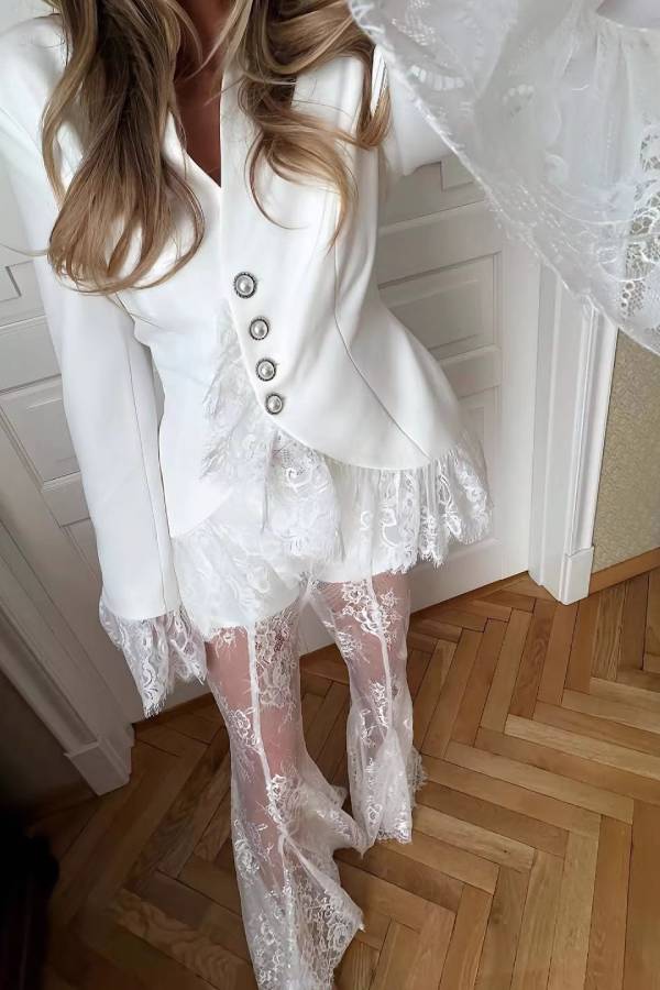 White Lace Spliced Blazer & Pants Two‑Piece Set