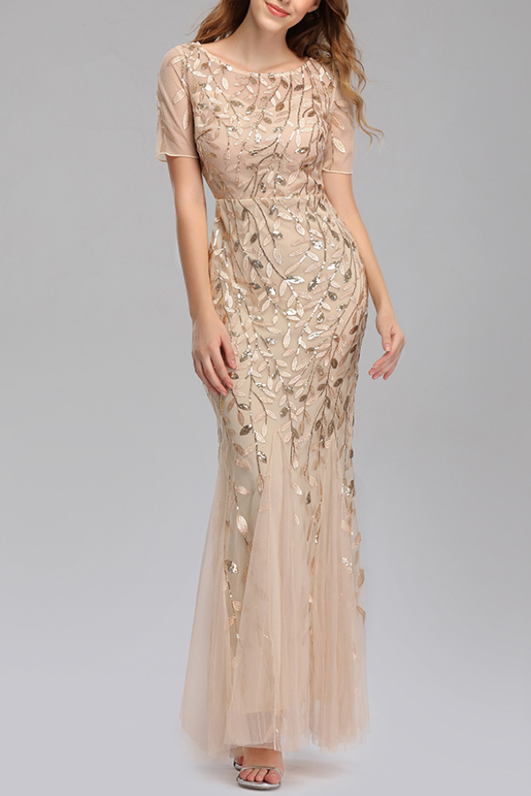 Short‑Sleeve Sequin Tulle Mermaid Evening Gown Maxi Dress