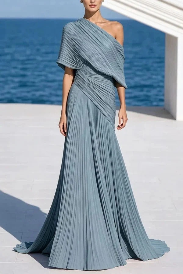 Grecian Gown Pleated One Shoulder Twist Waist Drape Maxi Dress