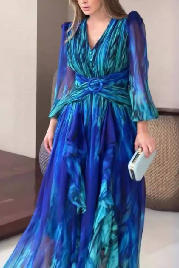 Blue Green Tie Dye Chiffon Maxi Dress V Neck Puff Sleeve Belted Ruffle Evening Gown