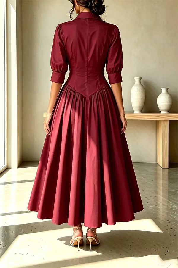 Elegant Linen Blend High Waisted Button Front Detail Pocket Shirt Umbrella Maxi Dress
