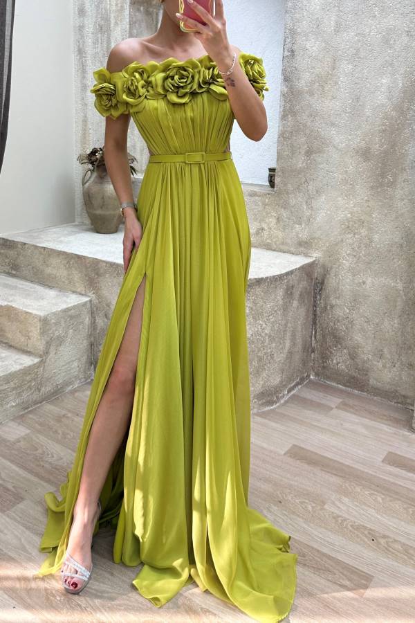 Strapless Chest Rose Waist Detail Design Evening Dress