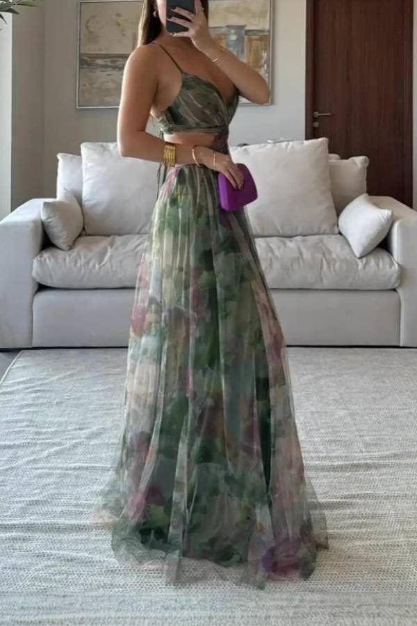 V-Neck Camisole Tie-Dye Mesh Cutout Waist Flare Maxi Dress