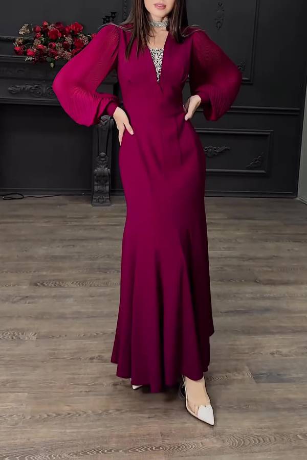 V-Neck Rhinestone Insert Puff Sleeve Fitted Midi Maxi Evening Dress