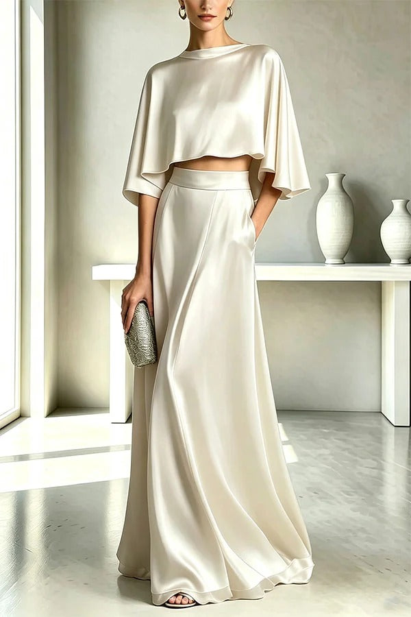 Timeless Luxurious Satin Batwing Sleeve Crop Top and High Rise Pocket Maxi Skirt Set