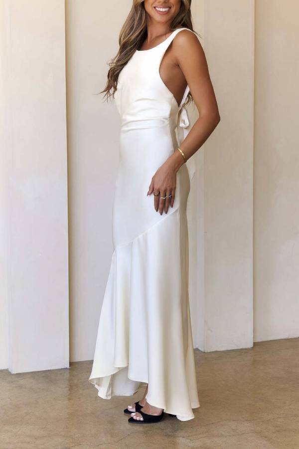 Satin Open Back Bow Bridesmaid Maxi Dress, Asymmetrical Mermaid Gown