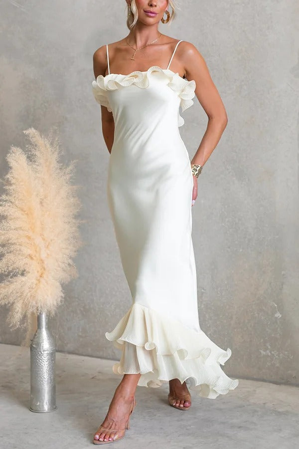 Bella Satin Pleated Chiffon Ruffle Details Slip Maxi Dress