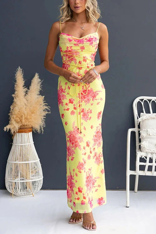 Spaghetti Strap Lace-up Floral Print Maxi Dress