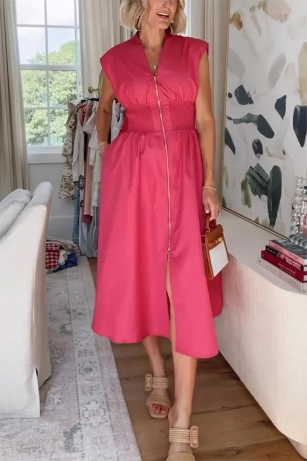 Workdays or Weekends Front Zipper Smocked Waist Pocket Loose Midi Dress