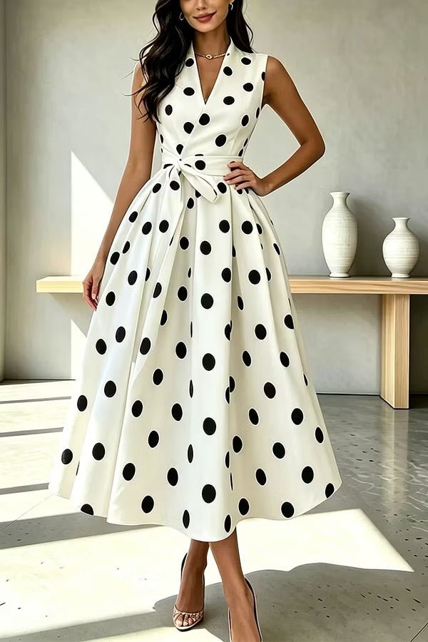 French Vintage Style Polka-dot Print Sleeveless Tie Waist Detail Midi Dress