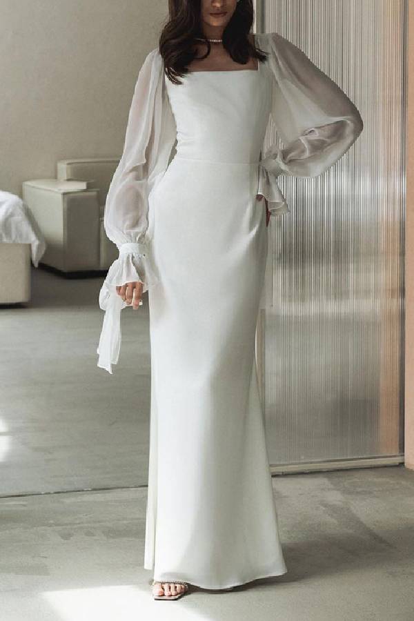 Square Neck Sheer Puff Ribbon Sleeve Satin Fitted Maxi Gown