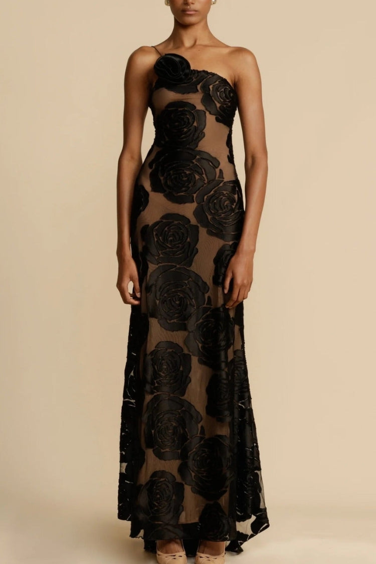Timeless Elegance and Sexy Floral Print Asymmetrical Neckline Maxi Dress