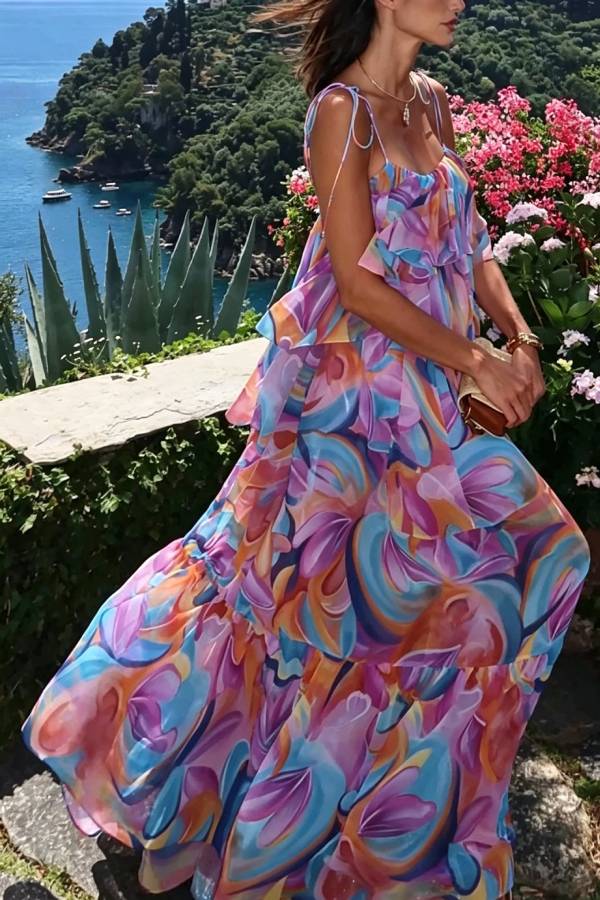 Francesca Chiffon Colorful Print Ruffle Neckline Slip A-line Maxi Dress