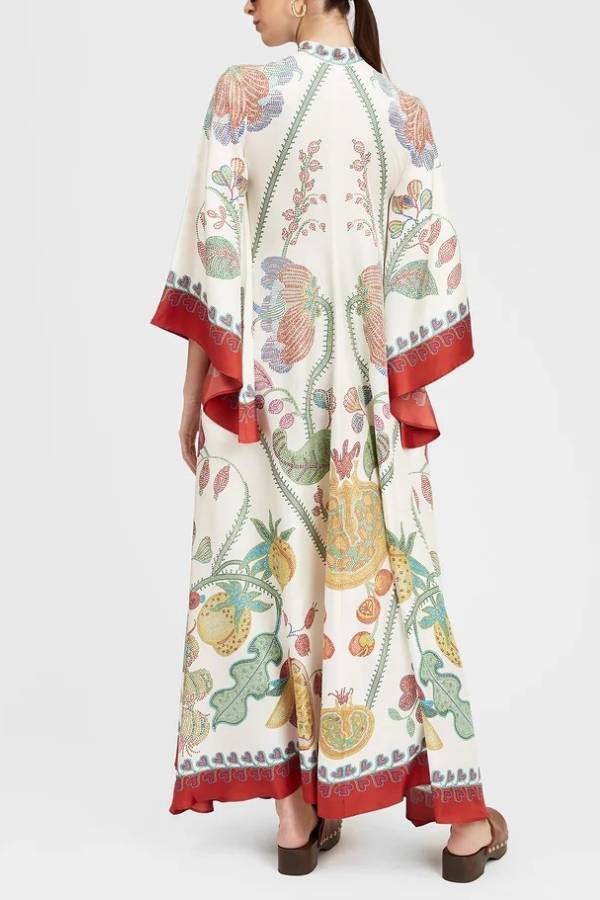 Vintage Print Satin Wide Sleeve Vacation Kaftan Maxi Dress