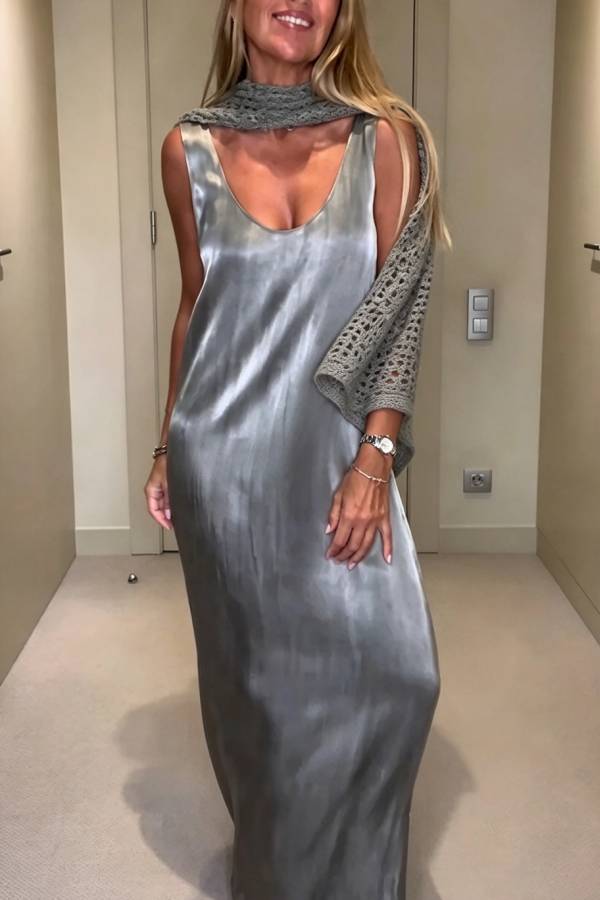 Journi Cutout Knit Cape Top and Satin Sleeveless Maxi Dress Two Pieces Set