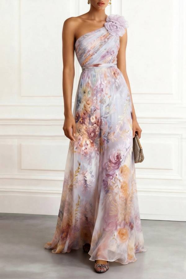 Elegant One-Shoulder Floral Print Chiffon Maxi Dress