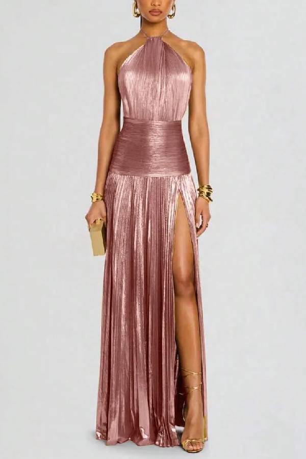 Halter Metallic Pleated High Slit Long Evening Gown