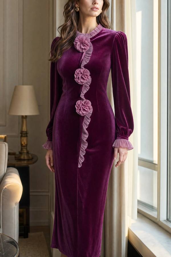 Purple Velvet Stand Collar Floral Appliqué Pencil Midi Dress
