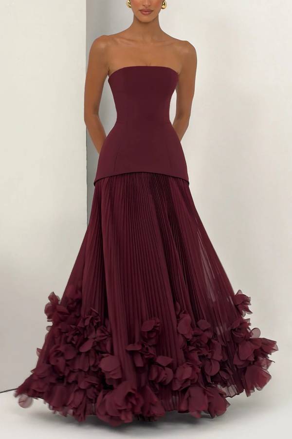 Serafina Strapless Back Lace-up Handcrafted Floral Appliqués Pleated Hem Gown Maxi Dress