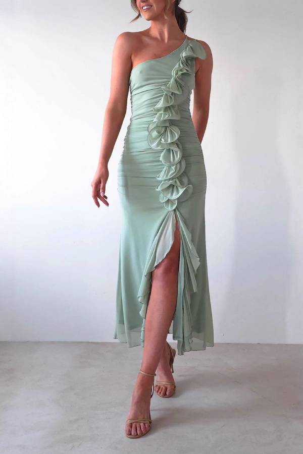 One‑Shoulder Ruffle Ruched Slit Midi Evening Dress