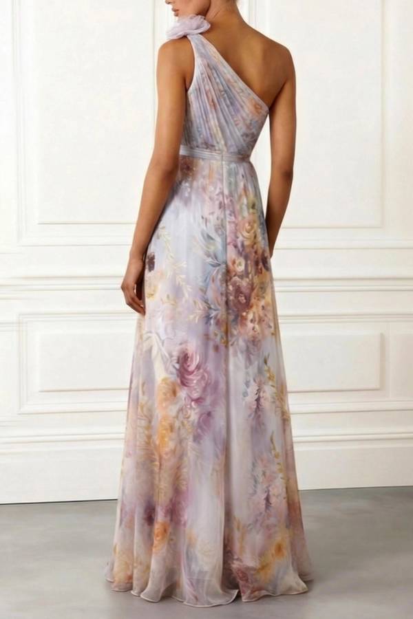 Elegant One-Shoulder Floral Print Chiffon Maxi Dress